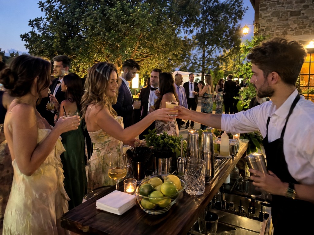 Bartender passing a cocktail to a guest at an outdoor evening bar