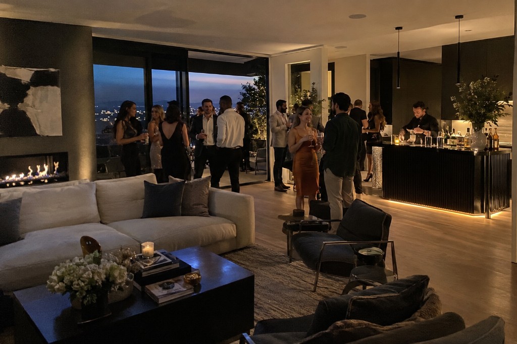 Guests at a private lounge cocktail party with a bartender at the bar